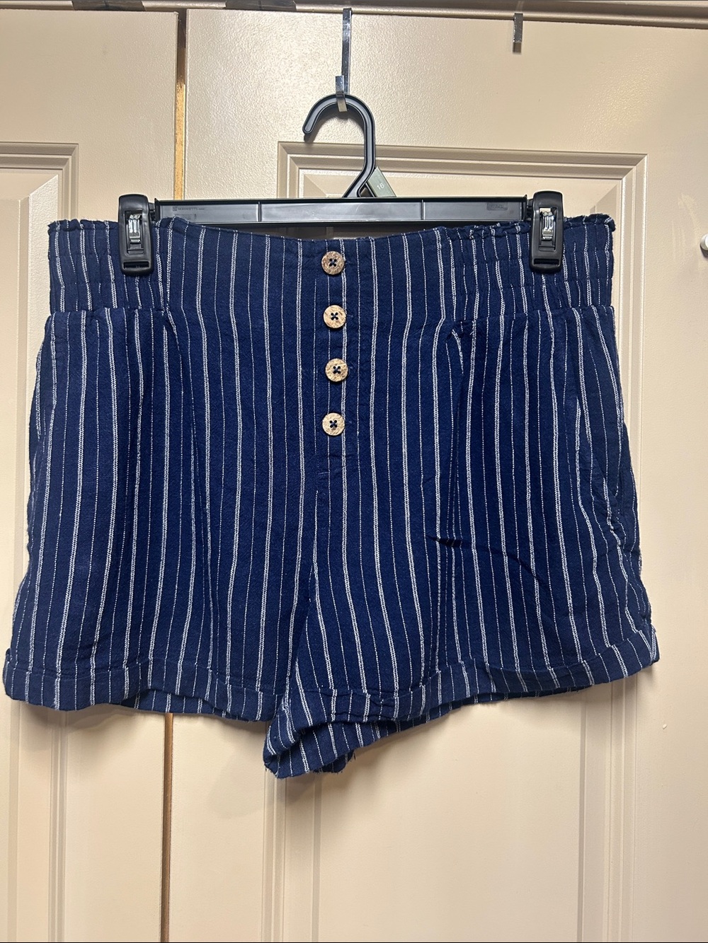 Jolt Navy and White Striped High-Waist Button Shorts
